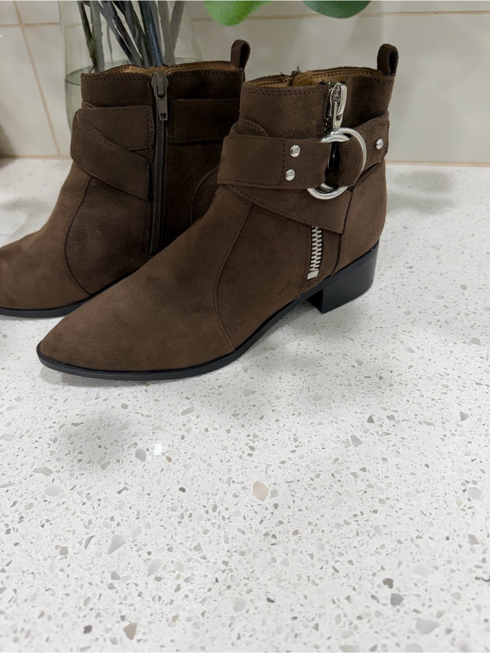 Brown Suede Ankle Booties with Decorative Buckle